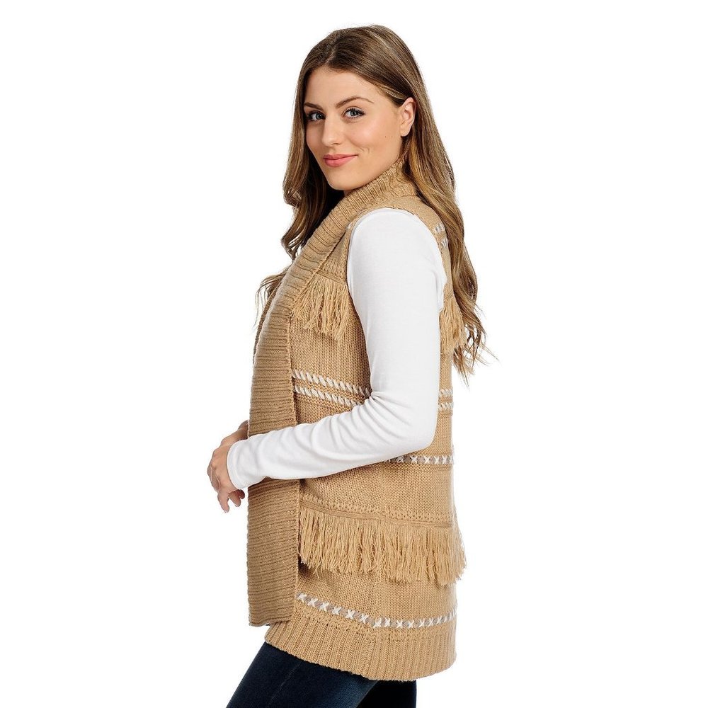 Navy Open Sweater Vest with Fringe Detail - Picture 2 of 5